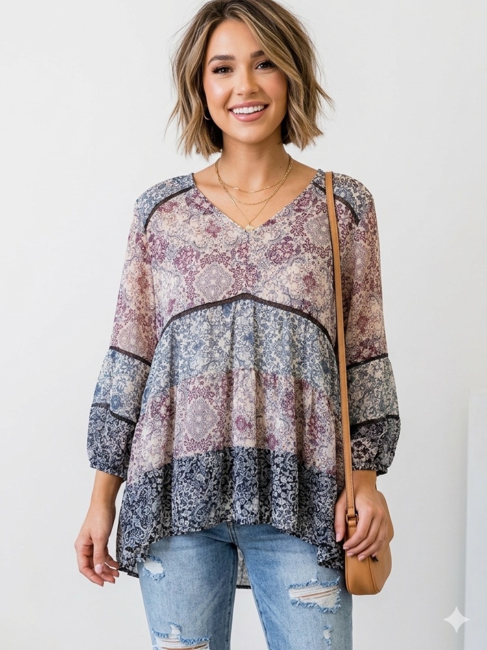 Boho Multi Color V-Neck Paisley Tiered Peasant Blouse Coastal Cowgirl